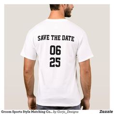 Groom Sports Style Matching Couple Save the Date T-Shirt Jersey T-shirt For Sports Season, Collegiate Jersey Tops For Gym, Sports Season T-shirt For Team Events, Jersey T-shirt For Team Events During Sports Season, Jersey T-shirt For Sports Season Team Events, Crew Neck Jersey With Logo Print For Sports Season, Athleisure Crew Neck Jersey For Sports Events, Team Name Sportswear T-shirt For Team Events, Varsity Sports T-shirt With Team Name