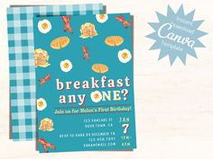 a breakfast any one birthday party card with pancakes and eggs on it, next to a blue checkered tablecloth background