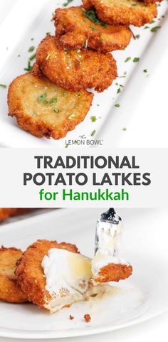 traditional potato latkes for hanukkah with text overlay that reads traditional potato latkes for hanukkah