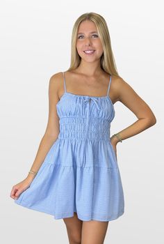 A story all its own. This adorable gingham dress is flattering and on-trend. The bodice is roomy at the bustline with a smocked waist that cinches in at the best place. The fully lined dress has adjustable spaghetti straps, and the full skirt completes the look. Color- Light Blue and White 100% Cotton Lining- 100% Polyester Gingham Dress With Ruffled Straps For Summer, Casual Cotton Smocked Dress With Adjustable Straps, Spring Cotton Smocked Dress With Adjustable Straps, Cute Gingham Smocked Dress For Summer, Cute Gingham Smocked Summer Dress, Picnic Dress With Smocked Back And Ruffled Straps, Sleeveless Gingham Smocked Dress For Spring, Spring Sleeveless Smocked Gingham Dress, Summer Gingham Smocked Sleeveless Dress