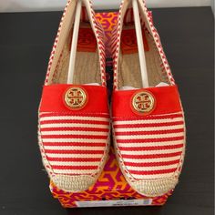 Tory Burch Beacher Striped Canvas Espadrilles Orange White 9 Bright Striped Espadrilles, Gold Logo On Top, Espadrille Sole. Preppy, Beachy, Summer Size 9 New! I Have Size Of Shoes 8.5 And It’s Perfect Fits Me. Red Casual Espadrilles With Flat Heel, Casual Red Espadrilles With Flat Heel, Casual Red Flat Heel Espadrilles, Casual Red Flat Espadrilles, Red Closed Toe Espadrilles For Spring, Slip-on Espadrilles For Beach Season, Casual Red Closed Toe Espadrilles, Beach Espadrilles With Red Sole And Round Toe, Spring Slip-on Espadrilles With Red Sole