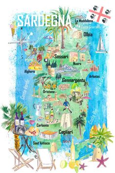 a watercolor map of the state with all its main cities and major attractions in it