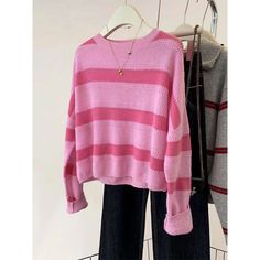 Olivia Mark - Pink Hollow Striped Knitwear: Lightweight Short Inner Sweater Top Oversized Ribbed Pink Sweater, Oversized Pink Ribbed Sweater, Pink Ribbed Casual Sweater, Casual Pink Knitted Sweater, Casual Pink Ribbed Sweater, Pink Ribbed Cotton Sweater, Pink Crew Neck Sweater In Acrylic, Pink Crew Neck Acrylic Sweater, Casual Acrylic Ribbed Sweater