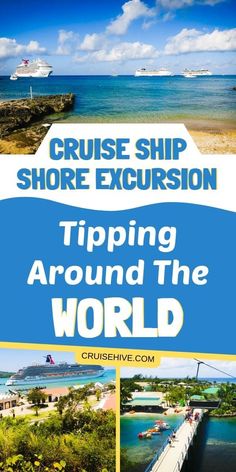 the cruise ship shore excursion sign is shown in front of water and land with boats on it