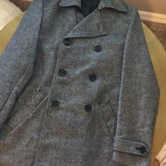 Wool-Blended Long Pea Coat In Perfect Condition. Never Worn. No Tags. Size 36r Wool Outerwear For Fall In Gray, Gray Wool Fall Outerwear, Gray Wool Outerwear For Fall, Gray Pea Coat With Pockets, Casual Wool Peacoat For Winter, Gray Double-breasted Winter Outerwear, Casual Gray Long Pea Coat, Casual Fitted Double-breasted Pea Coat, Gray Wool Pea Coat For Fall