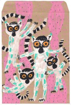 an image of three lemurs on a pink background