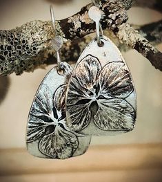 two silver earrings hanging from a tree branch