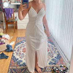 Sat In The Back Of My Closet For A While But Never Had An Event For It! Fits Like An Xs-S White Fitted Pleated Maxi Dress, White Fitted Lined Maxi Dress, White Pleated Dress, It Fits, New Leaf, Pleated Dress, My Closet, Colorful Dresses, Color White