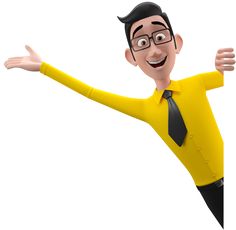 a cartoon man in a yellow shirt and black tie with his arms spread wide out