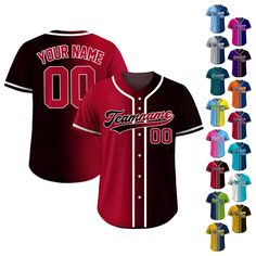 Gradient Custom Baseball Jersey is a stylish and functional piece that ensuring a comfortable fit for groups, individuals, couples, teams, or anyone who loves Baseball fashionable and sporty vibe. From casual outings to intense gameplay, this baseball jersey always guarantees both style and performance. If you have any other design ideas, or any changes to the jersey details, simply share an image and we will create a visual representation for you to confirm. ⚾FEATURES - Personalized with your c Sporty Team-colored Baseball Jersey With Name Print, Team Spirit Baseball Jersey With Team Name For Customization, Customizable Red Jersey For Sports Season, Red Collegiate Jersey, Customizable, College Baseball Jersey With Team Logo In Red, Red College Baseball Jersey With Team Logo, Collegiate Baseball Jersey With Name Print, Customizable Red Jersey For Sports Events, College Red Jersey With Letter Print