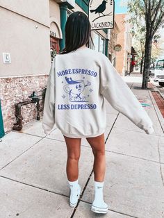 Introducing our "More Espresso Less Depresso" Retro Coffee Crewneck Sweatshirt--a funny and aesthetic sweatshirt that brings a lighthearted twist to mental health conversations. We understand that humor can be a powerful tool in navigating difficult emotions, which is why we've combined it with retro charm to create this unique depression sweatshirt. Featuring a delightful retro coffee cup character, it instantly adds a touch of playfulness to your wardrobe. While it's a funny mental health swea Find Your Spirit Animal, Apres Ski Party, Aesthetic Sweatshirt, Sweatshirt Trendy, Sweatshirt Oversized, Retro Sweatshirts, Y2k Sweater, Cycle 3, Aperol Spritz