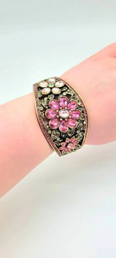 Bold Flower Cuff Multicolor Flower Cuff Hinged Cuff Gemstone | Etsy Bohemian Wedding Bracelets With Flower Shape, Jeweled Bangle Cuff Bracelet, Bohemian Metal Flower Bracelets, Bohemian Flower Metal Bracelets, Elegant Pink Flower Bracelet, Elegant Pink Flower Shaped Bracelet, Elegant Pink Flower-shaped Bracelet, Pink Bracelet Strap Jewelry For Formal Occasions, Pink Bracelet Style Jewelry For Formal Occasions