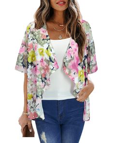 PRICES MAY VARY. Material: polyester, chiffon, 100% brand new skin-friendly material, super soft and lightweight kimono cardigan Feature: split sleeve bolero shrug, open front short sleeve cardigan, sheer cardigan, chiffon beach cover up, lightweight summer cardigan, floral kimono, hawaiian shirt luau outfit Occasion: You can wear the womens kimonos for summer to casual party, hawaiian beach, office, school, shopping mall, travel, club, daily wear or any places Match: Easy to wear, you can pair Chiffon Beach Cover Up, Lightweight Cardigan Summer, Luau Outfits, Sheer Cardigan, Kimono Boho, Sleeve Bolero, Beach Office, Chiffon Cardigan, Short Sleeve Kimono