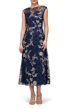 JS Collections Brynn Floral Embroidered Mesh Dress | Nordstrom Cocktail Dress Nordstrom, Cocktail Dress Style, Embroidered Cocktail Dress, Navy Blue Cocktail Dress, Embroidered Mesh Dress, Elegant Cocktail Dress, Mother Of Groom Dresses, Groom Dresses, Column Gown