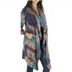 Sacred Threads Boho Chic Cottagecore Lagenlook Cardigan Duster S/M, Perfect For A Festival, Rodeo, Never Worn In A Cute Mixed Patchwork Print Casual Patterned Long Sleeve Cardigan, Casual Long Sleeve Patterned Cardigan, Blue Patchwork Sweater For Fall, Multicolor Cotton Cardigan For Layering, Cotton Patchwork Cardigan, Trendy Blue Patchwork Sweater, One Size Blue Trendy Cardigan, Casual Patchwork Cardigan For Spring, Layered Multicolor Cotton Cardigan