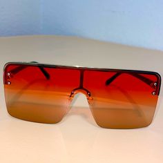 Red & Orange Sunset Sunglasses- Big Square Frames- Great Quality Red Rimless Sunglasses For Party, Red Sunglasses For Spring Beach Occasions, Red Sunglasses For Beach In Spring, Modern Rimless Red Sunglasses, Modern Red Rimless Sunglasses, Casual Red Sunglasses For Spring, Red Sunglasses With Uva Protection For Summer, Trendy Red Mirrored Sunglasses, Red Sunglasses With Gradient Lenses For Spring