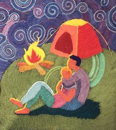 two people sitting in front of a campfire with a tent on the other side