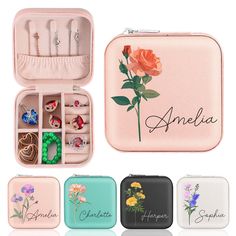 an open jewelry case with flowers and name on the front in four different colors, including pink