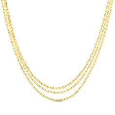 Dress to impress with this three-strand solid Valentino chain necklace. Crafted in 14K yellow gold Three lengths of Valentino chain create a layered look Chain width is 1.25mm With 18-inch, 18.5-inch and 19-inch lengths, the adjustable necklace secures with a lobster clasp Accessories Jewelry Necklace, Adjustable Necklace, Layered Look, Lobster Clasp, Dress To Impress, Apparel Accessories, Jewelry Accessories, Chain Necklace, Jewelry Necklaces