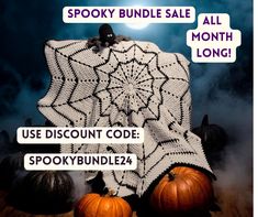 a crocheted blanket with pumpkins on it and the words spooky bundle sale all month long