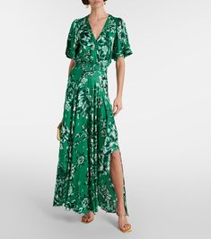 Mabelle satin midi dress in green - Poupette St Barth | Mytheresa V-neck Rayon Maxi Dress For Garden Party, Satin Maxi Dress For Garden Party, Midi-length Satin Dresses For Garden Party, Satin Maxi Dress With Floral Print For Garden Party, Chic Satin Maxi Dress For Garden Party, Summer Floral Print Satin Maxi Dress, Satin Maxi Dress With Floral Print, Chic V-neck Silk Dress With Floral Print, Chic Short Sleeve Satin Maxi Dress