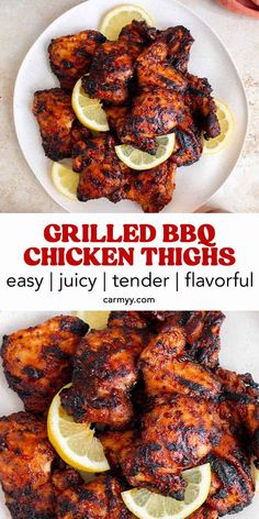 grilled bbq chicken thighs on a plate with lemon wedges