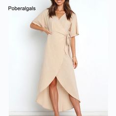 Elegant Fashion V-neck Lace-up Women Summer Dress New Female Casual High Waist Solid Color Short Sleeve A-line Soft Dresses Spring Solid Color Maxi Dress With Surplice Neckline, Solid Color Maxi Dress With Surplice Neckline For Spring, Knee-length Summer Wrap Dress, Solid Knee-length V-neck Dress For Spring, Solid Spring Knee-length V-neck Dress, Beige A-line Maxi Dress, Summer V-neck Dress With Surplice Neckline In Solid Color, Beige A-line Solid Color Dress, Spring Solid Color A-line V-neck Dress