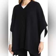 90% Wool , 10% Cashmere. One Size Fits All. Chic Cashmere Poncho For Layering, Cozy Black Cashmere Outerwear, Wool Black Poncho For Fall, Black Wool Poncho For Fall, Chic Black Wool Cape, Cozy Cashmere Cape, Chic Black Poncho For Layering, Kimono Shrug, Knit Poncho Sweater