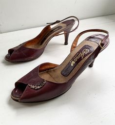 "Vintage 60s Amano's women's oxblood (brown and red) leather Vintage size 8 narrow May fit size 7 or 7.5 see measurements: 9 1/2\" long from inside toe to inside heel. 2\" across inner heel. 3\" across at ball of foot, inside. 3\" heel. Please see pictures for amount of wear to shoe. The soles are worn. Price reflects wear. Regarding customs: You are responsible for all customs fees and charges. Please note: We will not falsify customs documents, so please do not ask! If possible, direct your co