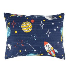 a blue pillow with space and stars on it