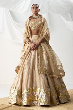 Beige attached cancan lehenga with zigzag lampi work. Comes with lampi gota sleeveless padded blouse and an organza gota patti embroidered dupatta.
Components: 3
Pattern: Embroidered
Type Of Work: Gota
Neckline: U-Neck
Sleeve Type: Sleeveless
Fabric: Lampi
Color: Beige
Other Details: 
Padded blouse
Attached cancan lehenga
Kiran lace dupatta
Approx. product weight (in kgs): 6
Length:
Blouse: 13 inches
Lehenga: 44 inches
Occasion: Wedding - Aza Fashions Gota Patti Lehenga, Dot Embroidery, Bridal Suits, Gold Lehenga, Black Kurta, Anamika Khanna, Diana Penty, Traditional Indian Outfits, Sonakshi Sinha