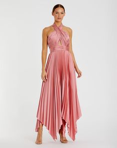 Pleated Halter Neck Asymmetrical Hem Gown Halter Neck Gown, Vestidos Color Coral, Accordion Pleats, Maxi Dresses Fall, Fall Wedding Guest Dress, Brocade Dresses, Daytime Dresses, Fall Wedding Dresses, Mac Duggal