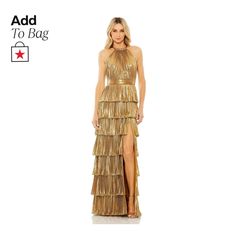 in stock Tiered Pleated Maxi Dress For Party, Pleated Tiered Maxi Dress For Party, Gold Floor-length Dress With Ruffles, Glamorous Ruffled Maxi Dress For Gala, Evening Tiered Gown With Ruffled Skirt, Tiered Gown For Gala, Metallic Gown, Gown Gold, Ruffle Gown