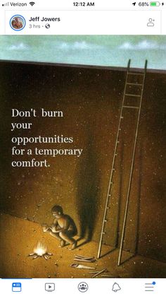 a poster with an image of a man sitting on the ground next to a ladder