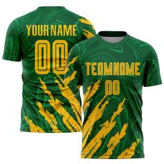 a green and yellow soccer jersey with the number 00 on it's chest, in front of a white background