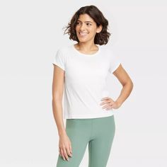 Women's Seamless Short Sleeve Shirt - All In Motion™ : Target Stretch Moisture-wicking T-shirt For Light Exercise, Moisture-wicking Stretch T-shirt For Light Exercise, Relaxed Fit Solid Tops For Light Sports, White Sporty T-shirt For Light Exercise, Basic Moisture-wicking Tops For Light Sports, Breathable Solid Color Yoga T-shirt, Breathable Yoga T-shirt In Solid Color, Wide Leg Sweatpants, Strappy Sports Bras