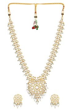 Micron gold polished brass necklace with kundan polki, agates, shell pearls embellishments. Paired with earrings.
Components: 1 Necklace, Pair of earrings
Type: Embellished
Composition: Micron gold polished brass
Color: Gold, Green, White, Cream
Other Details: 
Dimensions (in cms):
Necklace SL x LL x W: 64 x 114 x 7
Pendant L x W : 7 x 6
Earrings L x W: 3.5 x 2.5 
Weight (in gms): 130
Closure:
Necklace: Pull out drawcord
Earrings: Push back clasp
Disclaimer: Hand-crafted and might have some irre Gold Kundan Necklace For Designer Festivals Wear, Gold Meenakari Necklace For Designer Wear, Gold Meenakari Temple Necklace For Designer Wear, Gold Bridal Necklace For Festivals, Gold Designer Necklace For Diwali, Designer Gold Necklace For Diwali, Traditional Gold Necklaces For Designer Wear, Gold Necklace For Designer Wear During Diwali, Gold Temple Jewelry Necklaces For Designer Wear