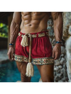 Men Shorts, Retro Casual Ethnic Style Shorts Bohemian Style Shorts Without Belt Style Shorts, Ethnic Style, Ethnic Fashion, Bohemian Style, Mens Shorts, Pants, Trousers