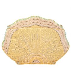 This beaded shell-shaped crossbody handbag in soft pastel hues adorned with sparkling treasures is a seaside soiree of beadwork. It's a splash of mermaid magic for any outfit. 10.75 x 1.25 x 7" Strap Length End to End: 49" Strap Drop: 23" Removable crossbody chain strap Magnet closure Inside pocket Back pocket Fits a phone Includes: metal logo fob, protective storage bag, certificate of authenticity This is a handmade item, each one an individual work of art. Slight variations may occur. Learn M Summer Evening Bag With Beads, Embellished Clutch For Summer Evenings, Elegant Embellished Beach Bag, Elegant Embellished Beach Bags, Mermaid Coquette, Beaded Shell, Mermaid Magic, Mary Frances, Pastel Hues