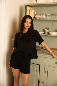 Indulge in leisurely mornings with our Breakfast In Bed Knit Set in Black. Whether you're lounging at a cozy cabin retreat or enjoying a staycation in your own home, this set is designed for ultimate relaxation and style. Morning Breakfast Outfit, Cozy Home Outfit, Breakfast Outfit, Cabin Retreat, Travel Outfits, Runway Trends, Breakfast In Bed, Cozy Cabin, Knit Tees