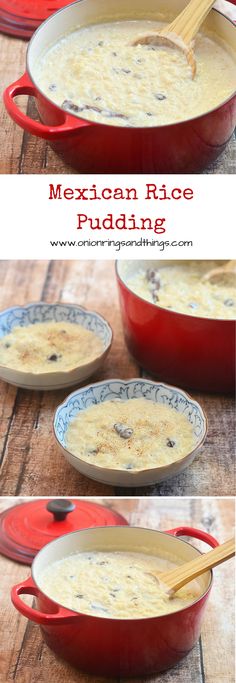 mexican rice pudding in a red casserole dish with two pictures showing the process