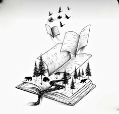 an open book with animals flying out of it and trees on the pages in the background