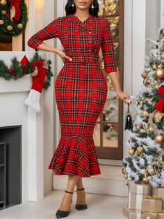 Christmas Party&New Year Party Women's Business Professional Frenchies Red Plaid Dress With Ruffle Trim And Notched Collar Fall Dresses Winter Dress Red Dress Wedding Women Dresses& Thanksgiving Women Outfit African Dress Christmas Women Dress  Masquerade Ball Dress Elegant Women Dresses Burgundy Skirt  Party Dress Red Elegant  Long Sleeve Knitted Fabric Plaid Fitted Slight Stretch  Women Clothing, size features are:Bust: ,Length: ,Sleeve Length: Women's Business Professional, Thanksgiving Women Outfit, Red Dress Wedding, Elegant Women Dresses, Womens Business Professional, Masquerade Ball Dresses, Dress Masquerade, Dresses Burgundy, Party New Year