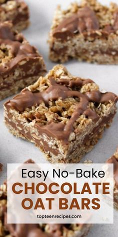 easy no - bake chocolate oat bars with text overlay