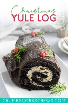 a chocolate christmas yule log on a plate