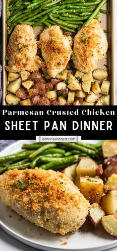 sheet pan parmesan chicken dinner with green beans and potatoes