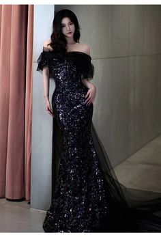 Pisoshare - Dark Bridesmaid Dress One Shoulder Evening Dress Black Lux – pisoshare Luxury Gown, One Shoulder Evening Dress, Evening Dress Black, Sequins Dress, Dress One Shoulder, Bed Lights, Black Luxury, Black Evening Dresses, Pageant Dress