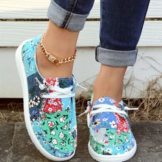 Coloful Flower Pattern Patchwork Boat Shoes for Women - Anti-Slip Lace Walk Safe, Women Skates, Canvas Shoes Women, Women Lace, Skate Shoes, Walking Shoes, Shoes For Women, Flower Pattern, Canvas Shoes