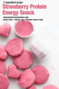 two ingredient strawberry protein energy snack with pink frosting and heart shaped cupcakes