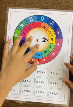 two hands are pointing at a colorful wheel of numbers on a piece of white paper